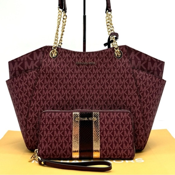 Michael Kors Large JST Chain Shoulder Bag & Large Continental Wallet Ox Blood - Picture 1 of 12